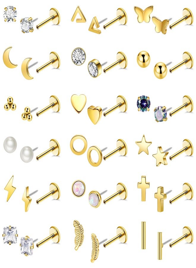 LOREMOW 20G 18Pairs Surgical Steel Threadless Stud Earrings for Women Men Hypoallergenic CZ Flatback Earrings Star Moon Cartilage Helix Tragus Lobe Stud Earring Set for Multiple Piercing G-6 - Image 1